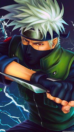 Obito Uchiha from Naruto in a dynamic combat pose wielding a kunai with lightning effects HD phone wallpaper
