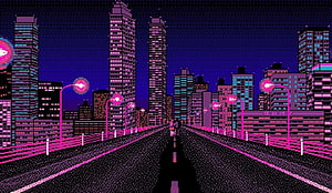 Neon Pixel Art City Skyline with Retro Highway and Glowing Streetlights HD wallpaper