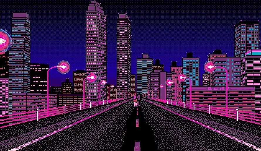 Neon Pixel Art City Skyline with Retro Highway and Glowing Streetlights HD wallpaper