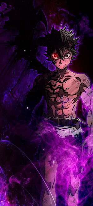 Asta from Black Clover with dark energy aura and glowing red eye in dramatic purple and black anime art HD phone wallpaper