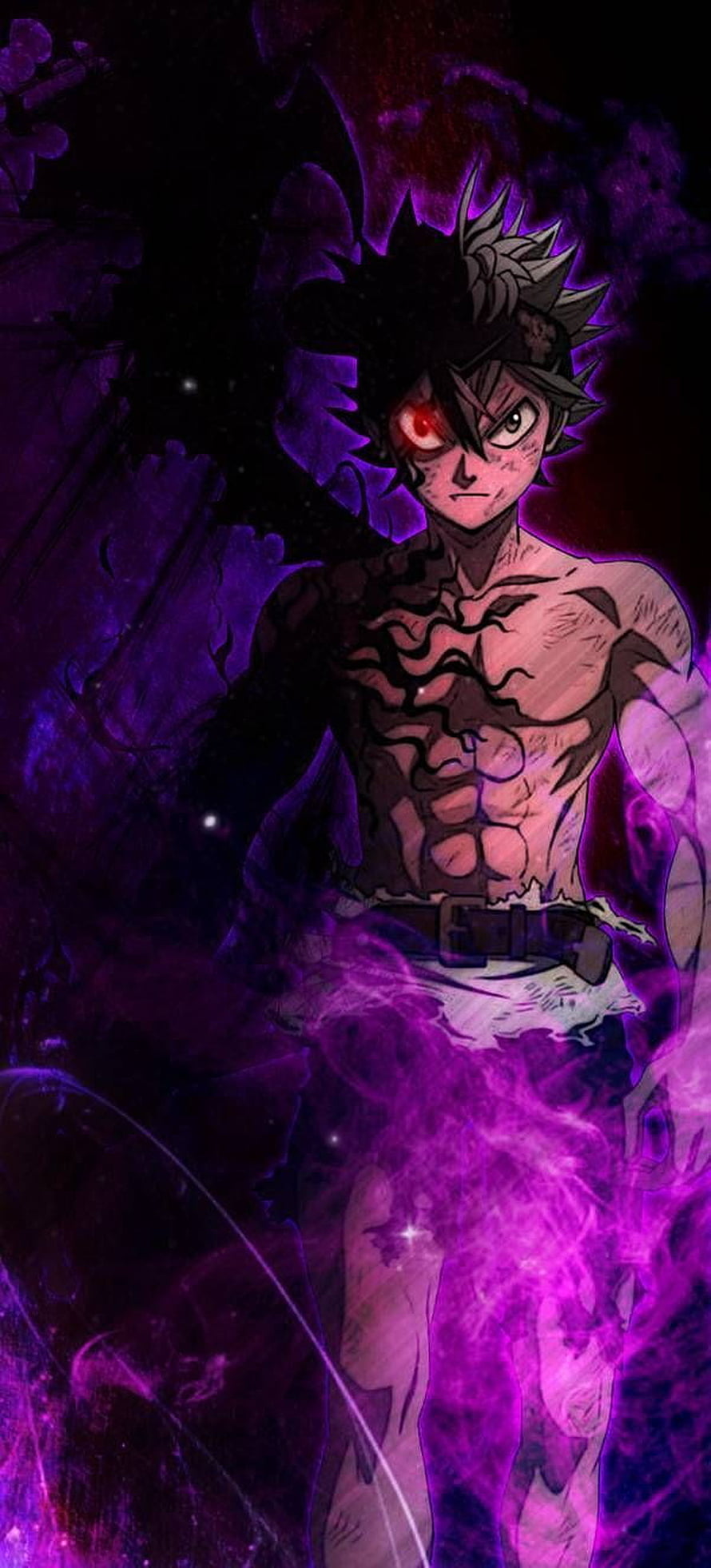 Asta from Black Clover with dark energy aura and glowing red eye in dramatic purple and black anime art HD phone wallpaper