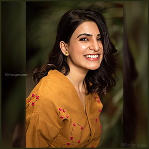 Samantha smiling portrait in mustard embroidered kurta with dark wavy hair HD phone wallpaper