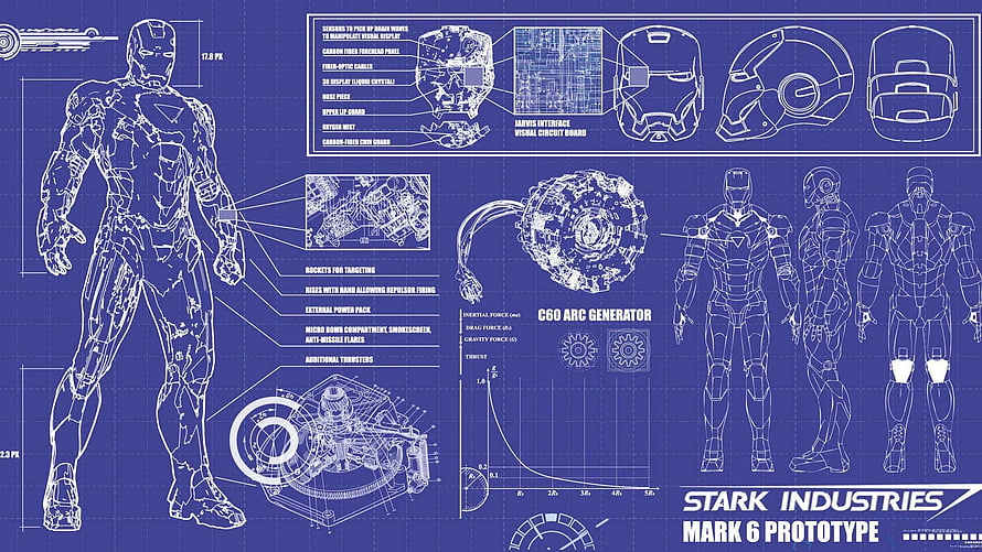 Iron Man Mark 6 Prototype Blueprint with Stark Industries Arc Reactor Schematics HD wallpaper