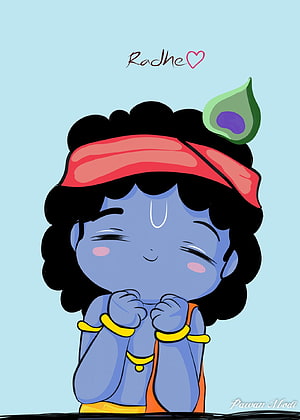 Cute Chibi Krishna Illustration with Peacock Feather and Red Headband HD phone wallpaper