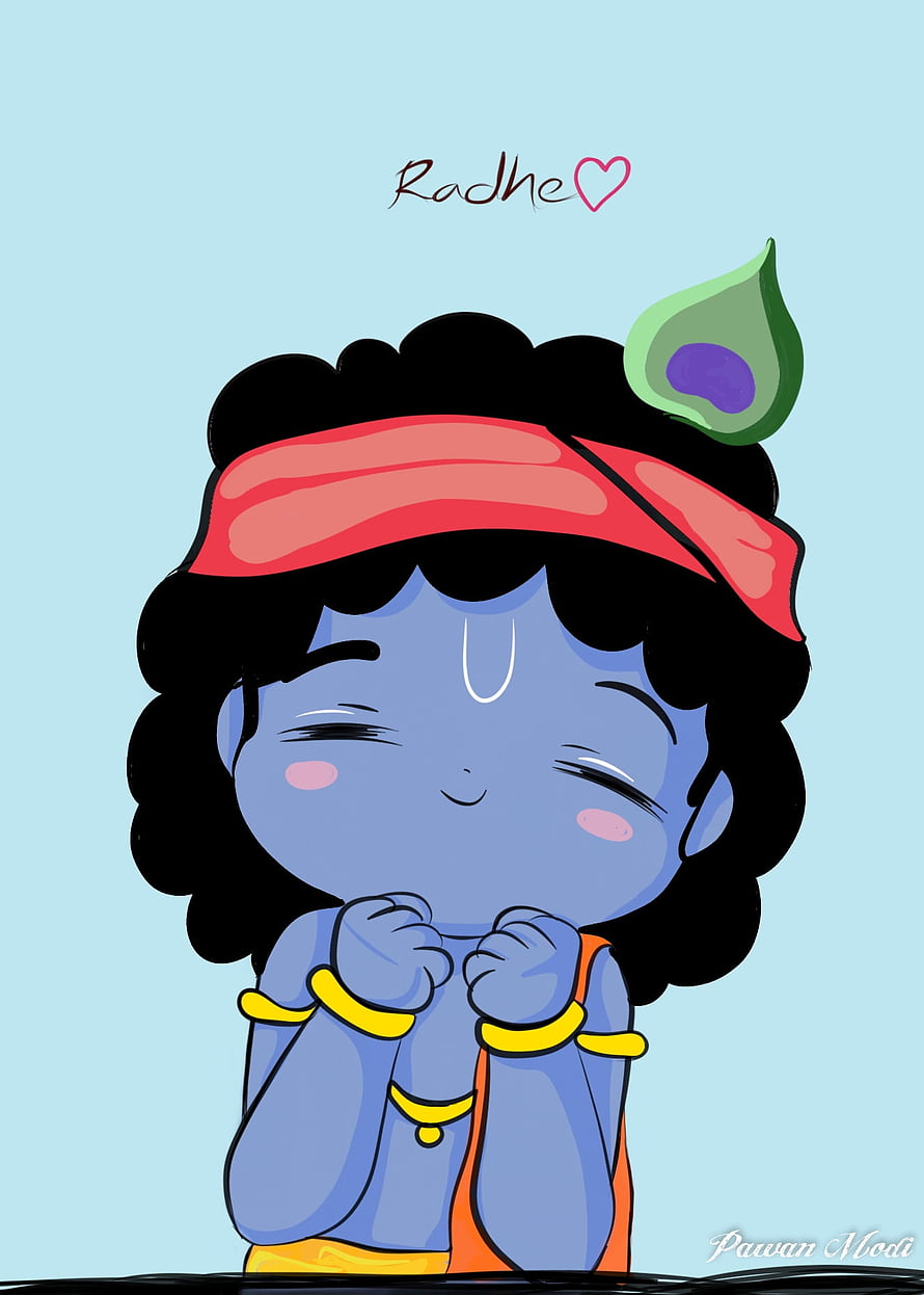 Cute Chibi Krishna Illustration with Peacock Feather and Red Headband HD phone wallpaper