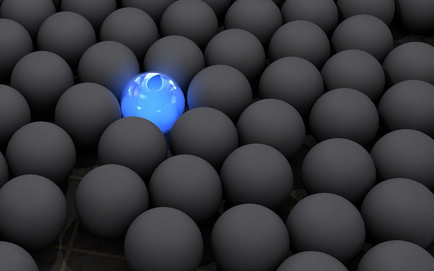 Glowing Blue Sphere Amidst Dark Grey Balls in 3D Render HD wallpaper