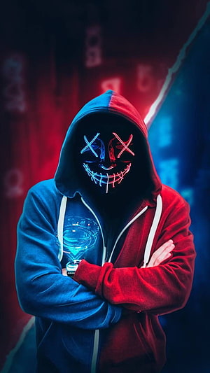 Neon LED Mask Hoodie Portrait with Cyberpunk Red and Blue Lighting HD phone wallpaper