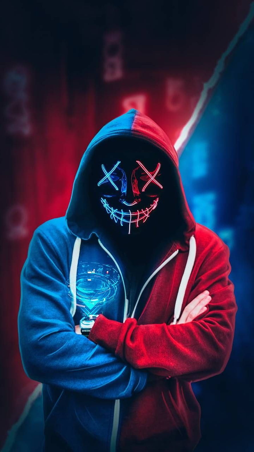 Neon LED Mask Hoodie Portrait with Cyberpunk Red and Blue Lighting HD phone wallpaper