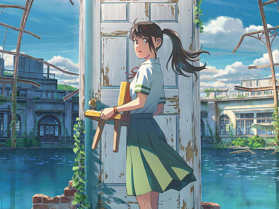 Suzume from Suzume no Tojimari Standing in a Weathered Doorway Amidst Ruins HD wallpaper