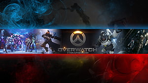 Overwatch Hero Lineup and Logo on Dark Abstract Background HD wallpaper