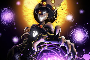 Distorted Tio from Piggy in a dark cosmic scene with glowing purple energy and a fiery background HD wallpaper