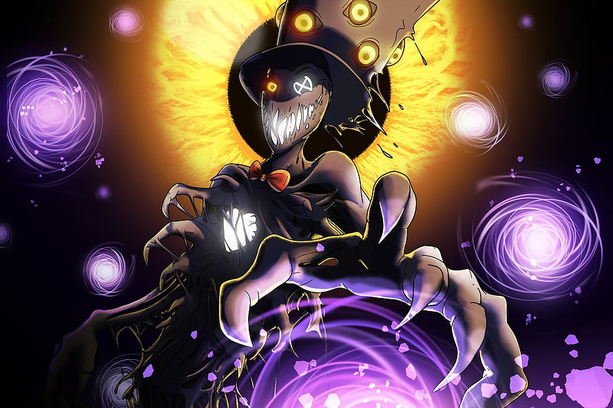 Distorted Tio from Piggy in a dark cosmic scene with glowing purple energy and a fiery background HD wallpaper