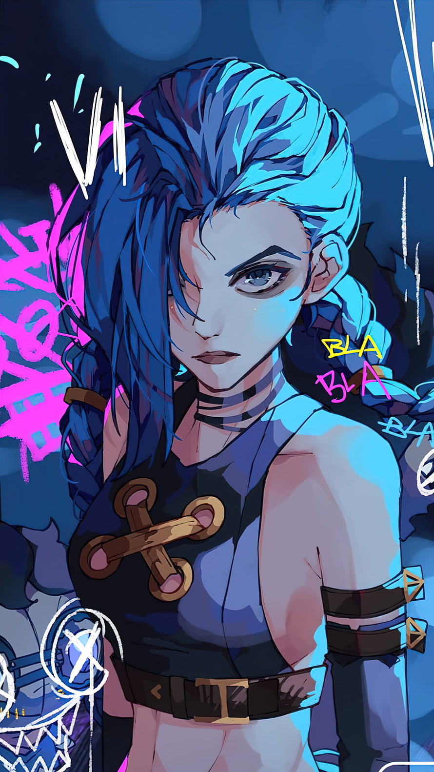 Jinx from Arcane in a dark cyberpunk style with blue braided hair and neon graffiti background HD phone wallpaper