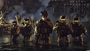 Death Stranding Soldiers Standing in Water at Night with Glowing Visors HD wallpaper