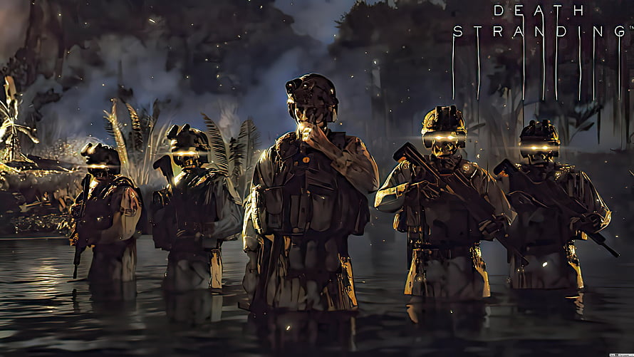 Death Stranding Soldiers Standing in Water at Night with Glowing Visors HD wallpaper