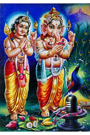Lord Ganesha and Murugan Devotional Painting with Peacock and Shiva Lingam HD phone wallpaper