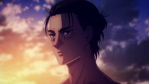 Eren Yeager Close-Up Portrait Against Dramatic Sunset Sky in Attack on Titan HD wallpaper