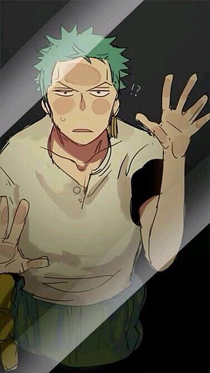 Roronoa Zoro from One Piece in a distressed pose with green spiky hair and a white shirt HD phone wallpaper