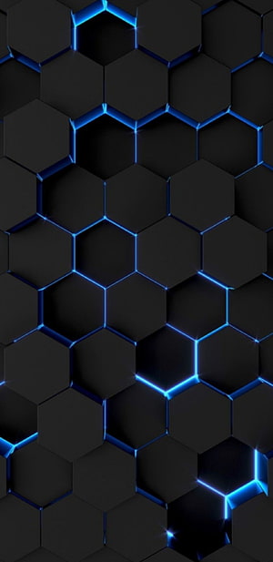 Dark 3D Honeycomb Pattern with Glowing Blue Neon LED Edges HD phone wallpaper