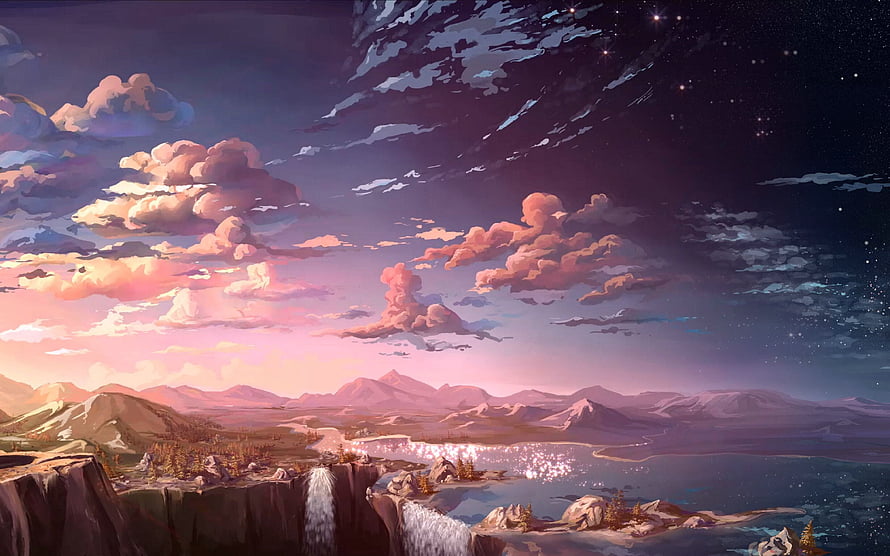 Stylized Fantasy Landscape with Waterfall, Lake, and Starry Twilight Sky HD wallpaper