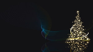Elegant Sparkling Christmas Tree with Golden Swirls on Dark Background HD wallpaper