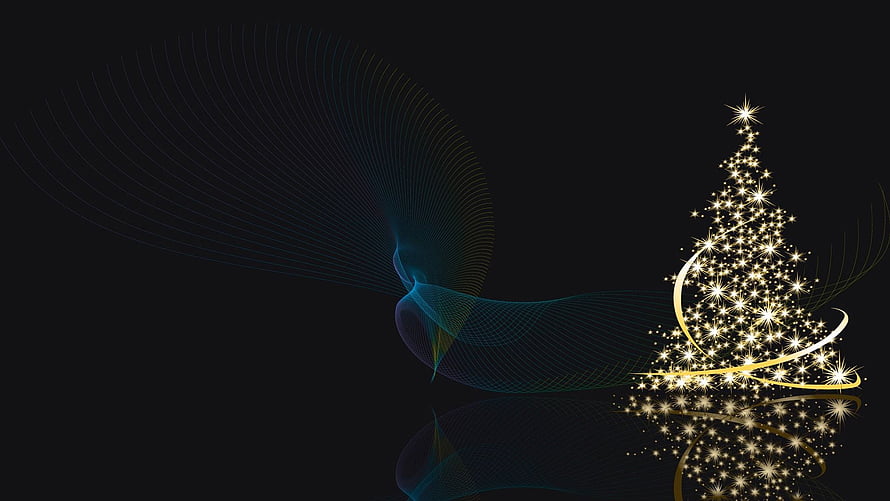 Elegant Sparkling Christmas Tree with Golden Swirls on Dark Background HD wallpaper