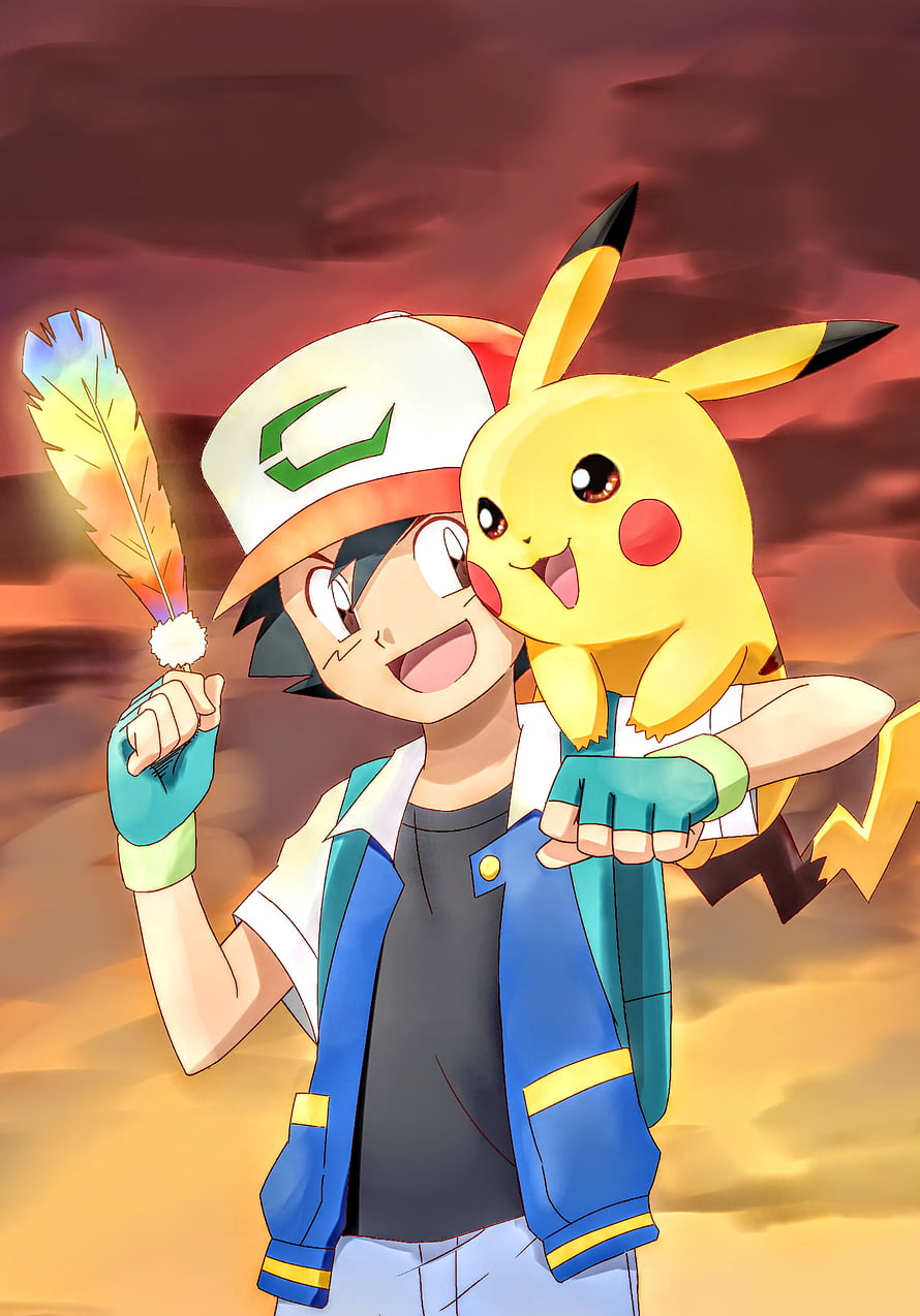Ash and Pikachu Sharing a Joyful Moment with a Rainbow Feather Against a Sunset Sky HD phone wallpaper