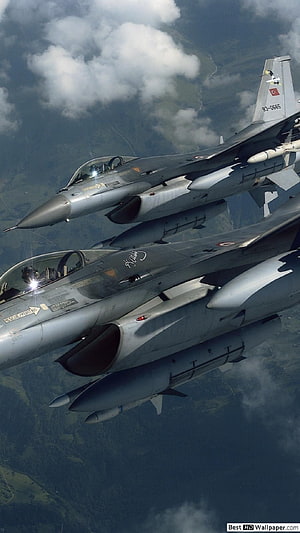 Turkish Air Force F-16 Fighting Falcon Jets in Formation Over Mountainous Terrain HD phone wallpaper
