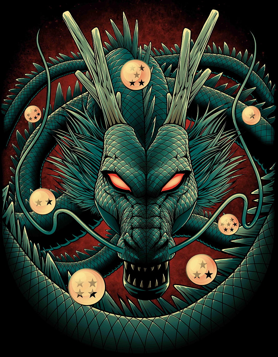 Shenron Dragon Ball GT Illustration with Star Orbs and Red Eyes HD phone wallpaper