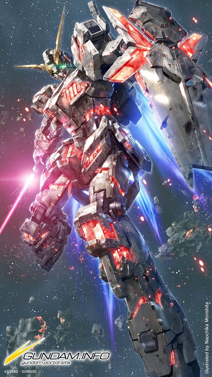 Unicorn Gundam in Destroy Mode with glowing red armor and a massive beam sword in space HD phone wallpaper