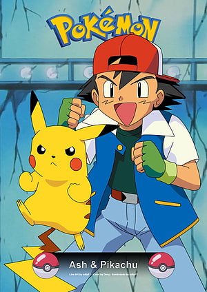 Ash Ketchum and Pikachu in Dynamic Action Pose with Poké Ball Accents HD phone wallpaper