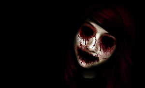 Eerie Blood-Stained Face in Darkness with Red Hair and Hollow Eyes HD wallpaper