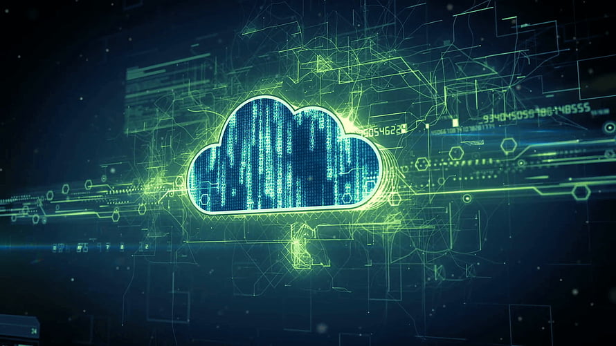 Glowing Digital Cloud Icon with Circuit Board Network and Binary Code Data Streams HD wallpaper