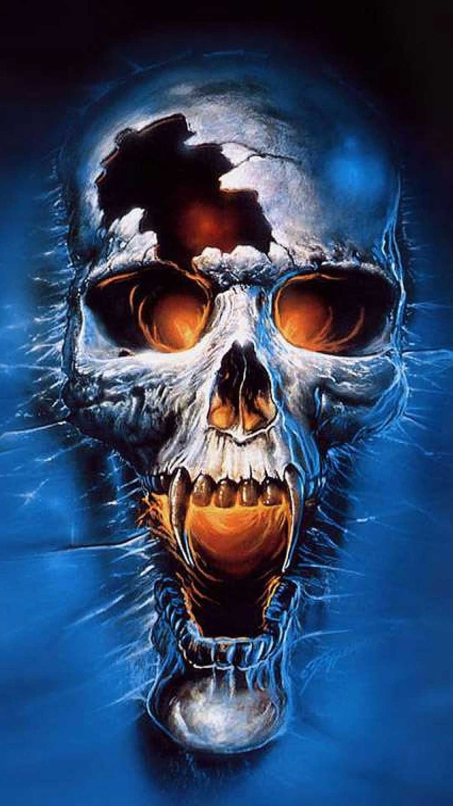 Glowing Skull with Fiery Eyes and Cracked Cranium in Dark Blue Digital Art HD phone wallpaper