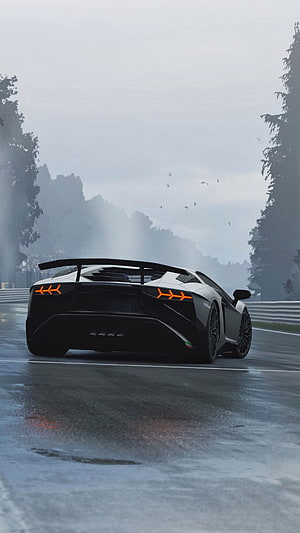 Lamborghini SC18 Alston Rear View on Wet Track in Misty Forest HD phone wallpaper
