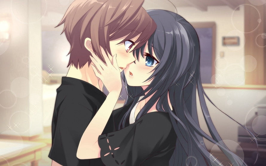 Romantic Anime Couple Sharing a Tender Moment in a Softly Lit Room HD wallpaper