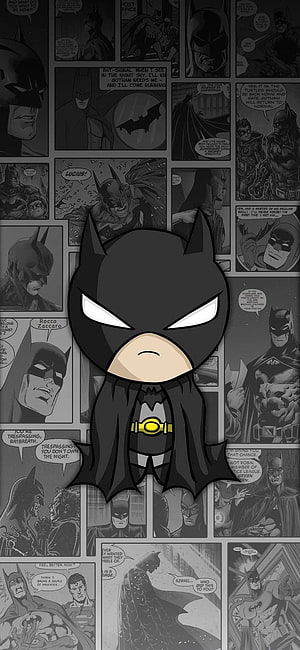 Cute Chibi Batman Cartoon Character on Grayscale Comic Panel Background, Cute Batman Cartoon, Batman Chibi HD phone wallpaper