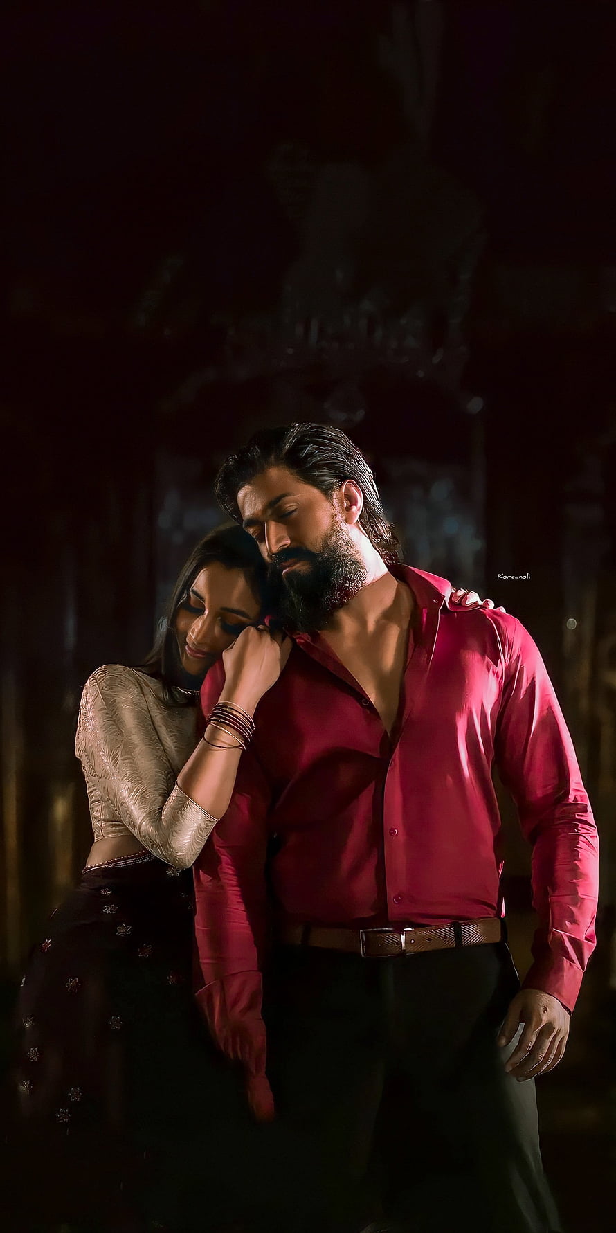 KGF Chapter 2 Rocky and Yash in a romantic embrace wearing traditional Indian attire HD phone wallpaper