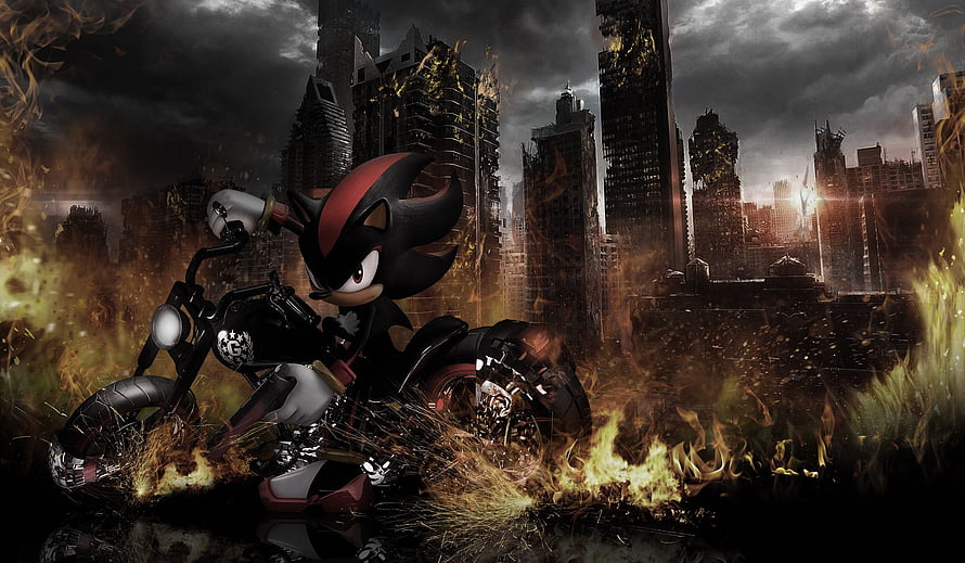 Shadow the Hedgehog Riding a Motorcycle Through a Burning Cityscape in Sonic the Hedgehog HD wallpaper