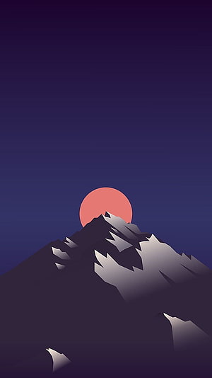 Minimalist Mountain Peak with Setting Sun in Dark Purple Sky HD phone wallpaper