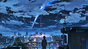 Anime Boy Watching Meteor Shower Over City Rooftop at Night HD wallpaper