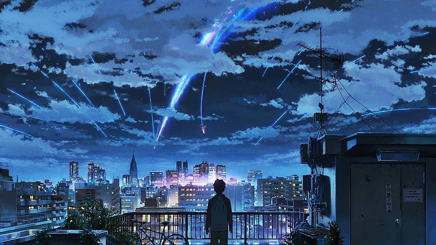 Anime Boy Watching Meteor Shower Over City Rooftop at Night HD wallpaper