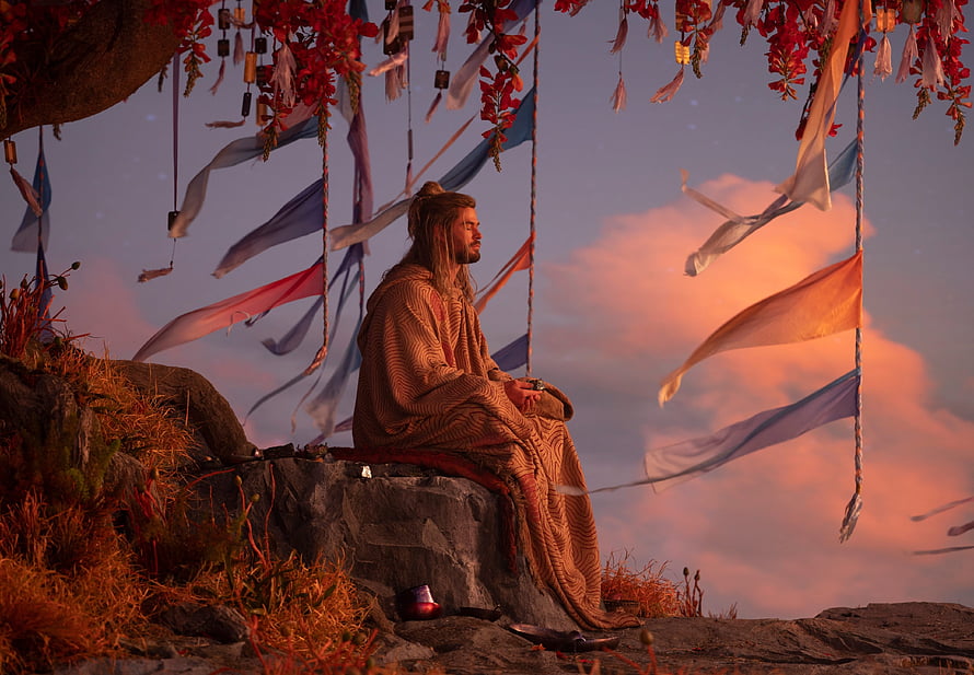 Thor: Love and Thunder Cinematic Still of Meditative Scene at Sunset HD wallpaper