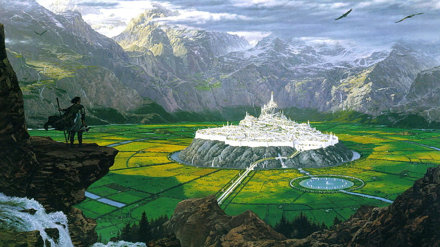 Gondolin White City in the Hidden Valley with a Lone Wanderer on a Rocky Outcrop HD wallpaper