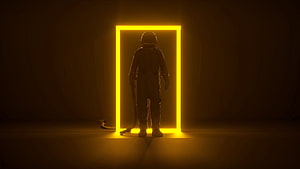 Astronaut Silhouette Standing in a Glowing Yellow Neon Portal Frame in a Dark Void HD wallpaper