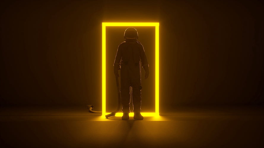 Astronaut Silhouette Standing in a Glowing Yellow Neon Portal Frame in a Dark Void HD wallpaper
