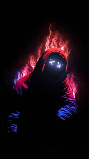 Glowing Cross-Eyed Hooded Figure Surrounded by Fiery Red and Blue Flames HD phone wallpaper