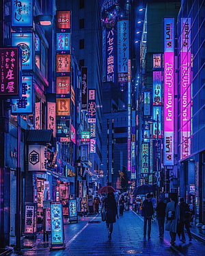 Neon-Lit Tokyo Street at Night with Rain and Pedestrians HD phone wallpaper