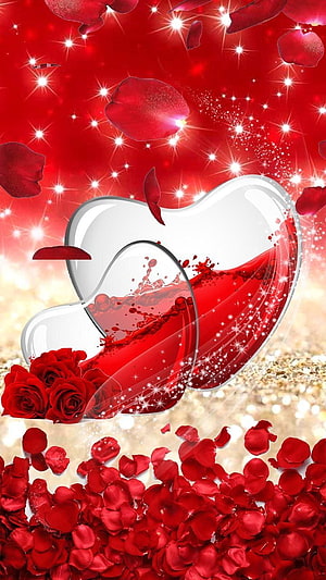 Romantic Red Rose Petals and Glass Heart with Liquid Splash on Sparkling Background HD phone wallpaper