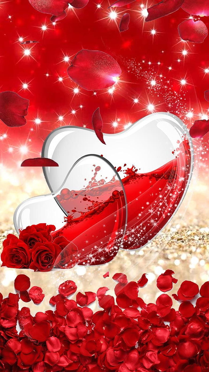 Romantic Red Rose Petals and Glass Heart with Liquid Splash on Sparkling Background HD phone wallpaper